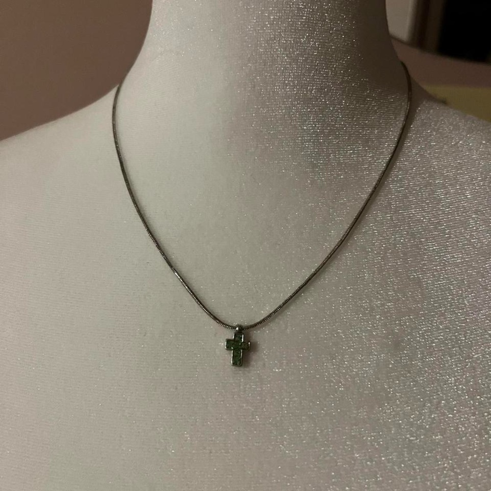 Green silver cross necklace